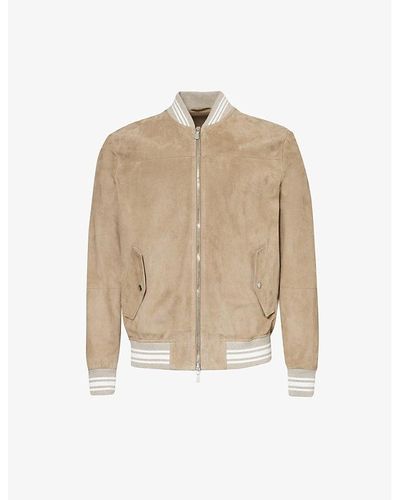 Eleventy Stand-collar Ribbed-trim Suede Jacket - Natural