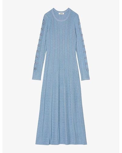 Sandro Eyelet-embellished Long-sleeve Stretch-knit Midi Dress - Blue