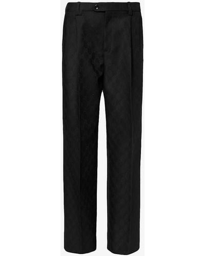 Gucci Monogram-pattern Pleated Mid-rise Wool Trousers - Black