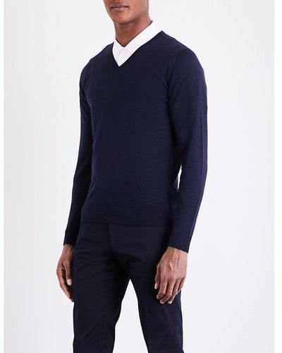 John Smedley Blenheim V-neck Wool Sweater X - Blue