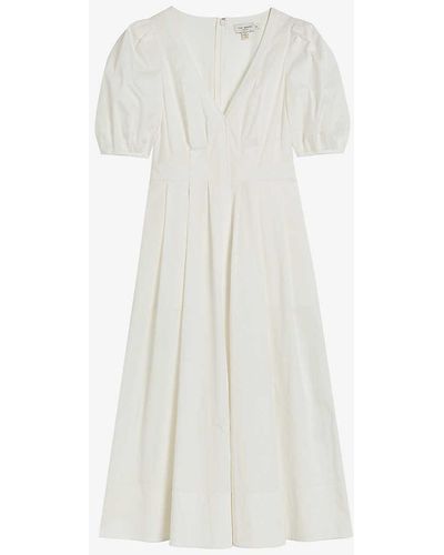 Ted Baker Ledra V-neck Puff-sleeve Stretch-cotton Midi Dress - White
