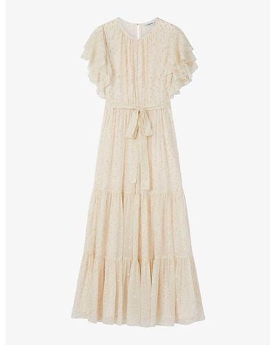 LK Bennett Liv Jacquard-pattern Cape-sleeve Silk-blend Maxi Dress - Natural
