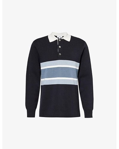 CHE Stripe Long-sleeve Cotton Polo Shirt - Blue