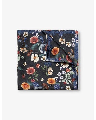 Eton Vy Blue Floral-print Silk Pocket Square