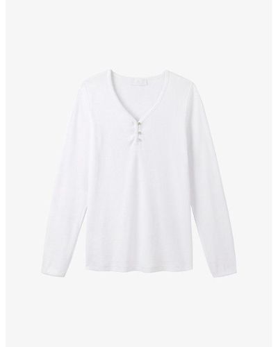 The White Company Ribbed-texture Piped-trim Stretch Cotton-blend Pajama Top - White