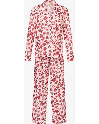 Desmond & Dempsey Floral-print Long-sleeve Cotton Pyjama Set - Red