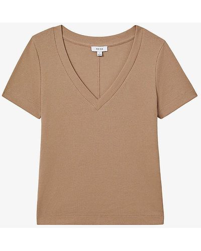 Reiss Becca V-neck Short-sleeve Ribbed Cotton T-shirt - Natural