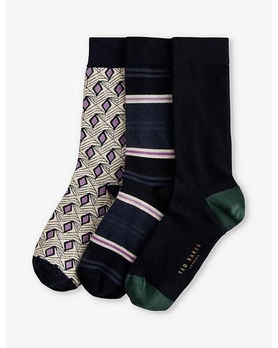 Ted Baker Purpak Striped Pack Of Three Stretch-woven Socks - Blue