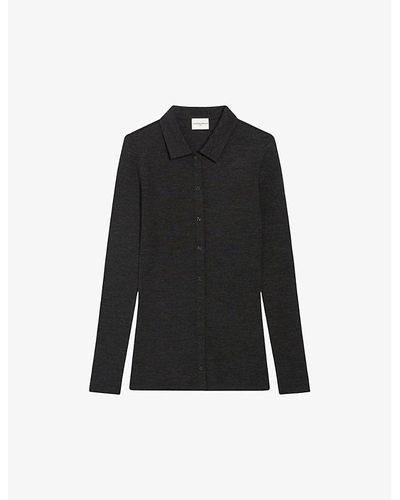 Claudie Pierlot Button-neck Contrast-panel Cotton And Linen-blend Sweater - Black
