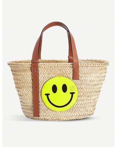 Loewe X Smiley Raffia And Leather Large Basket Bag - Yellow