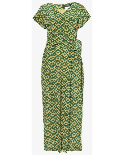 Weekend by Maxmara Graphic-pattern V-neck Silk-crepe Jumpsuit - Green