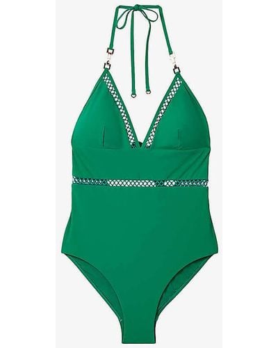 Reiss Rita Lattice-trim Halter-neck Stretch-cotton Swimsuit - Green