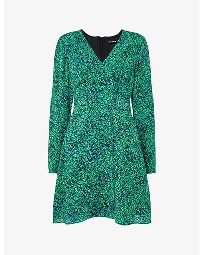 Whistles Lori Floral-print Long-sleeve Woven Mini Dress - Green