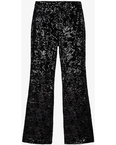 The Kooples High-rise Sequin-embroidered Stretch-velvet Trousers - Black