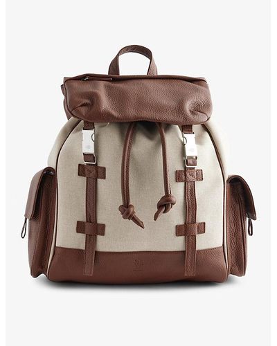 Eleventy Flap-pocket Leather-trimmed Cotton-canvas Backpack - Brown