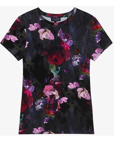 Ted Baker Printed Floral-print Fitted Stretch-woven T-shirt - Blue