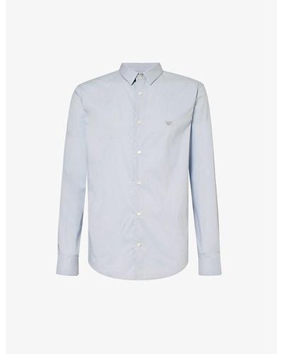 Emporio Armani Brand-embroidered Pleated-cuff Regular-fit Stretch Cotton-blend Shirt Xx - Blue