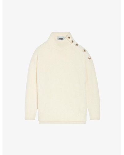 Claudie Pierlot Ribbed-trim Button-embellished Wool-blend Sweater - Natural