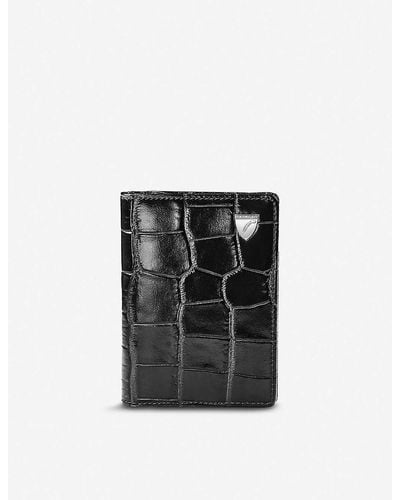 Aspinal of London Double Fold Croc-embossed Leather Card Holder - Black