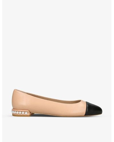 Stuart Weitzman Pearl Contrast-panel Flat Leather Court Shoes - Natural