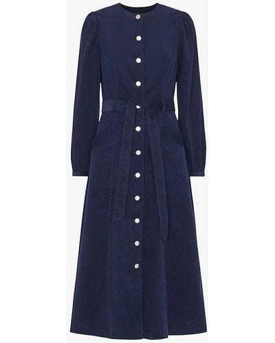 Whistles Vy Angelica Belted Cotton Corduroy Midi Dress - Blue
