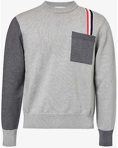 Thom Browne Striped Patch-pocket Cotton-knit Jumper - Grey