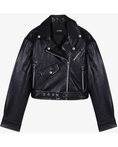 Maje Besley Belted-waist Cropped Leather Jacket - Blue
