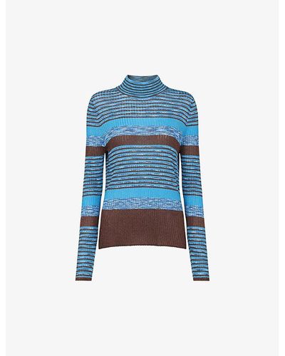 Whistles Striped High-neck Metallic-knit Sweater - Blue