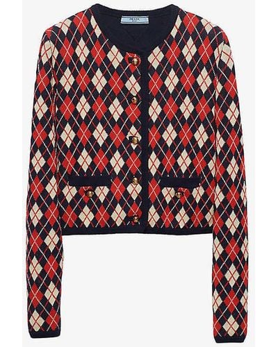Prada Argyle Intarsia-pattern Long-sleeve Cotton Cardigan - Red