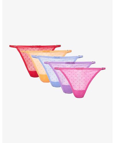 Love Stories Carole Polka-dot Pack Of Five Lace Thongs - Pink