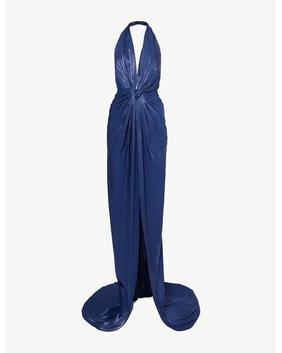 Costarellos Colette Halterneck Metallic Woven Gown - Blue
