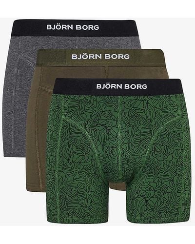 Björn Borg Branded-waistband Mid-rise Pack Of Three Stretch-cotton Boxers - Green