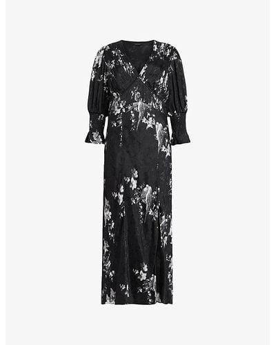 AllSaints Hannah Iona Floral-print Woven Midi Dress - Black