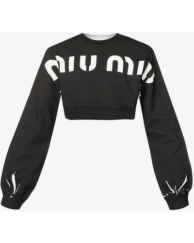 Miu Miu Logo-pattern Cropped Cotton-jersey Sweatshirt - Black