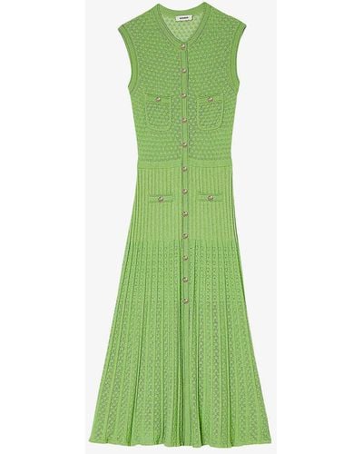 Sandro Patch-pocket Pleated Pointelle-knit Midi Dress - Green