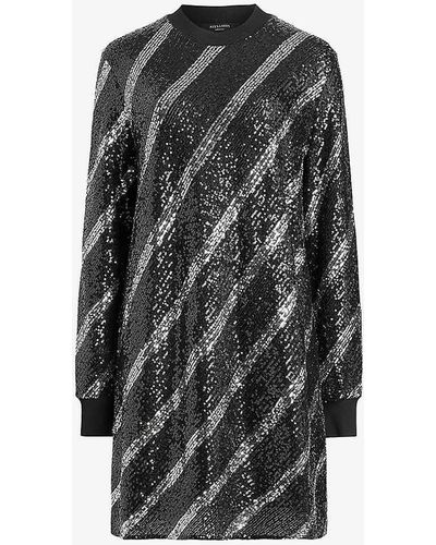 AllSaints Juela Sequin-stripe Long-sleeve Stretch Recycled-polyester Mini Dress - Multicolour