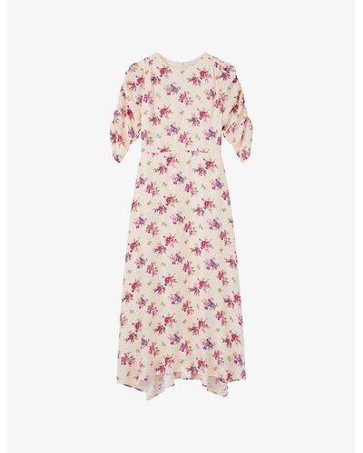 LK Bennett Delilah Bouquet-print Ruched-sleeve Silk Midi Dress - Pink