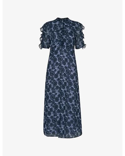 Whistles Graphic-print Ruffled Recycled-polyester Midi Dress - Blue