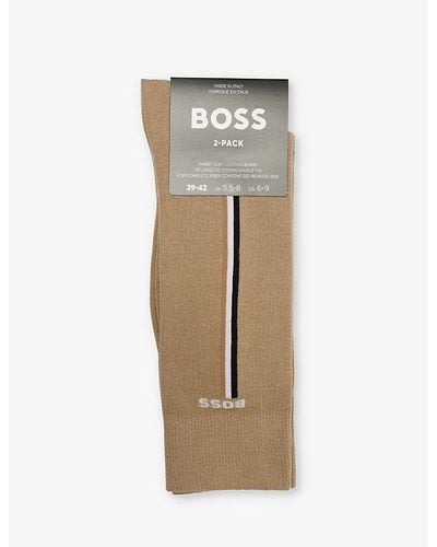BOSS Iconic Logo-print Pack Of Two Stretch-cotton Blend Socks - Natural