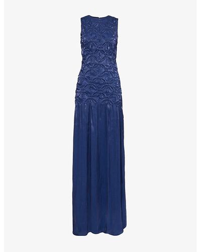 Costarellos Vy Blue Stasia Flared-hem Woven Gown