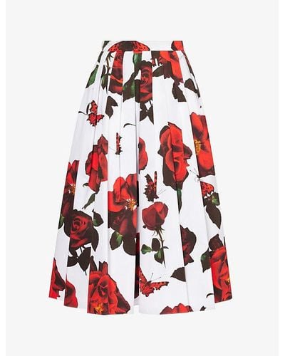 Alexander McQueen Floral-pattern Cotton-poplin Midi Skirt - Red