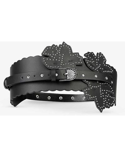 The Kooples Flower-insert Stud-embellished Leather Belt - Black