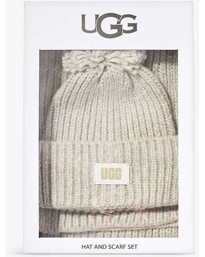 UGG Pom Pom Brand-patch Knitted Hat And Scarf Set - White
