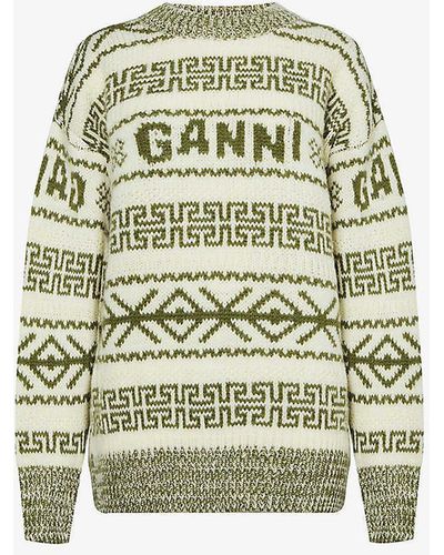Ganni Geometric-print Relaxed-fit Organic-wool Jumper - Green