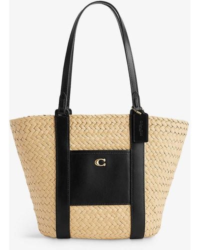 COACH Logo-patch Straw And Leather Tote Bag - Black