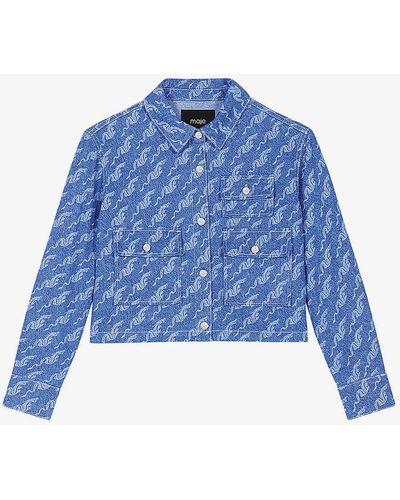 Maje Dragon-motif Cropped Denim Jacket - Blue