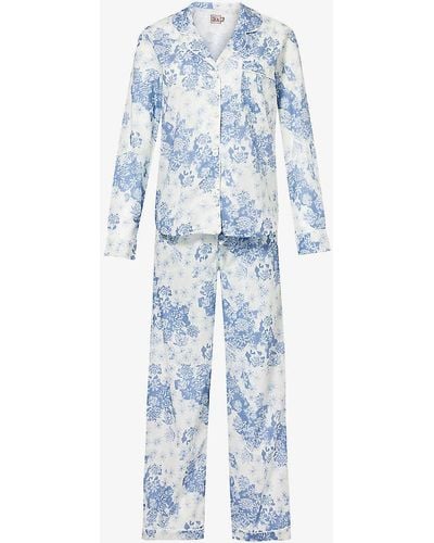 Desmond & Dempsey Floral-print Long-sleeve Cotton Pyjama Set - Blue