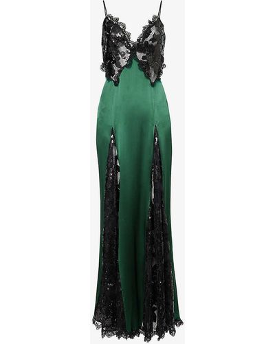 Rodarte Lace-panel Sequin-embellished Satin Maxi Dress - Green