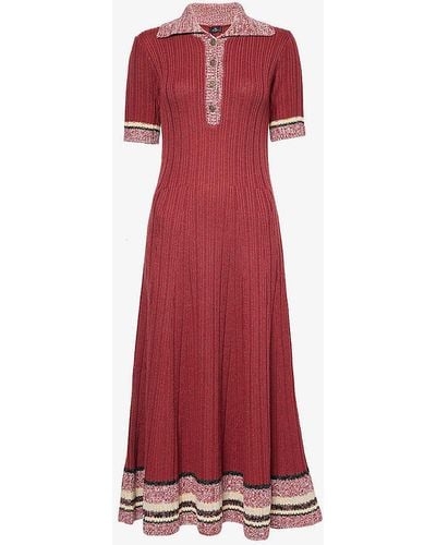 Etro Striped-trim Short-sleeved Wool And Cotton-blend Knitted Midi Dress - Red