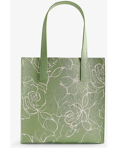 Ted Baker Linecon Linear-floral Small Icon Faux-leather Tote - Green